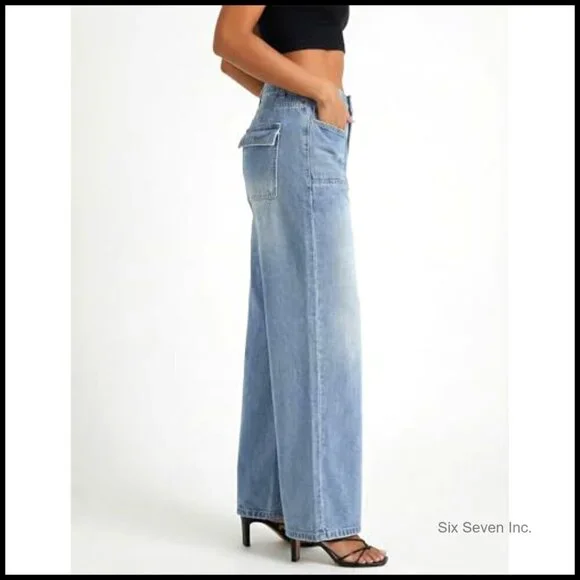 Baggy Wide Leg Jeans Y2K Vintage Boyfriend Denim Pants Mid Rise Soft Stretch - Picture 3 of 5